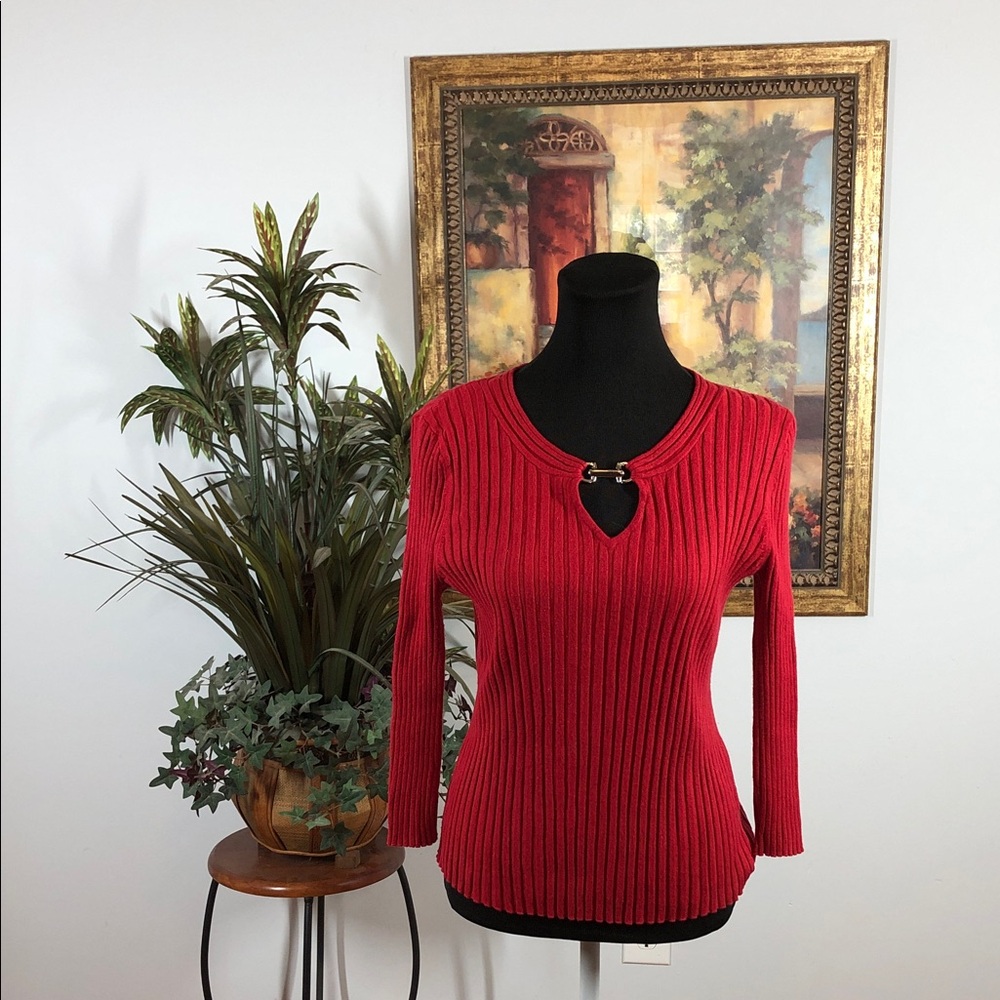 Elegant Red Women's Crew Neck Sweater pullover long sleeve cable knit stretch